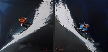 monochrome black white Painting - skiing two panels in white Kal Gajoum sport